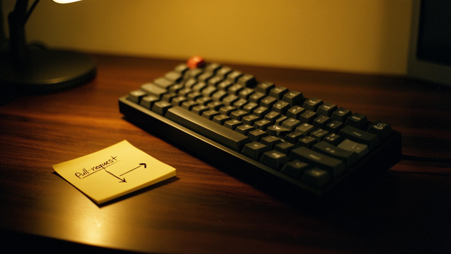 Editorial photograph evoking an engineering control plane — a calm workstation with code on the screen.