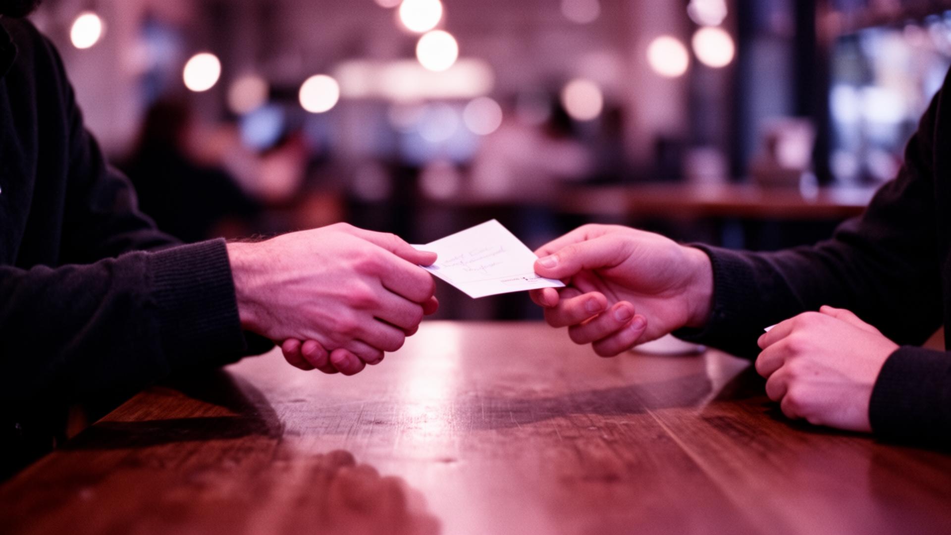 Editorial photograph evoking a skill-trading marketplace — hands exchanging tools in soft light.