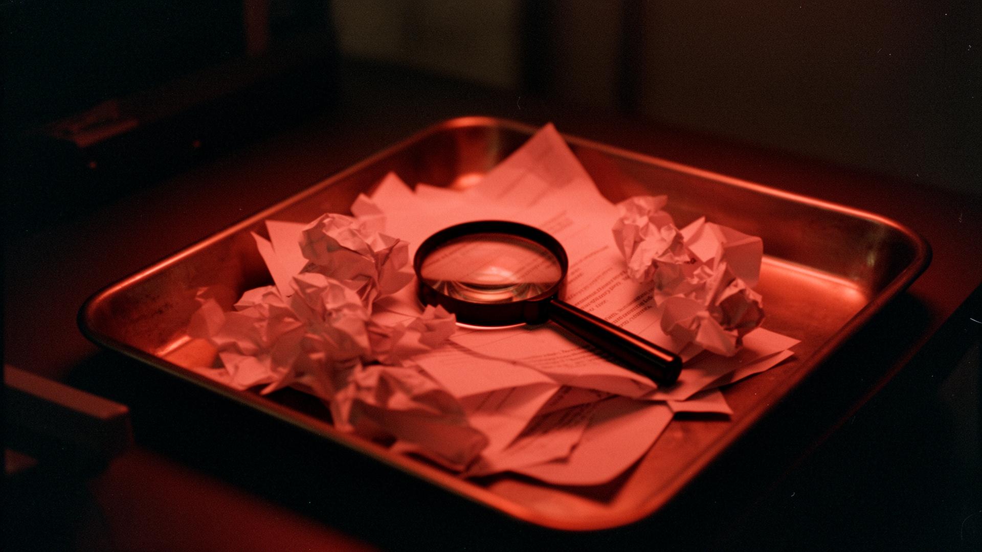 Editorial photograph evoking static analysis of AI-generated code — magnifying glass over printed source.