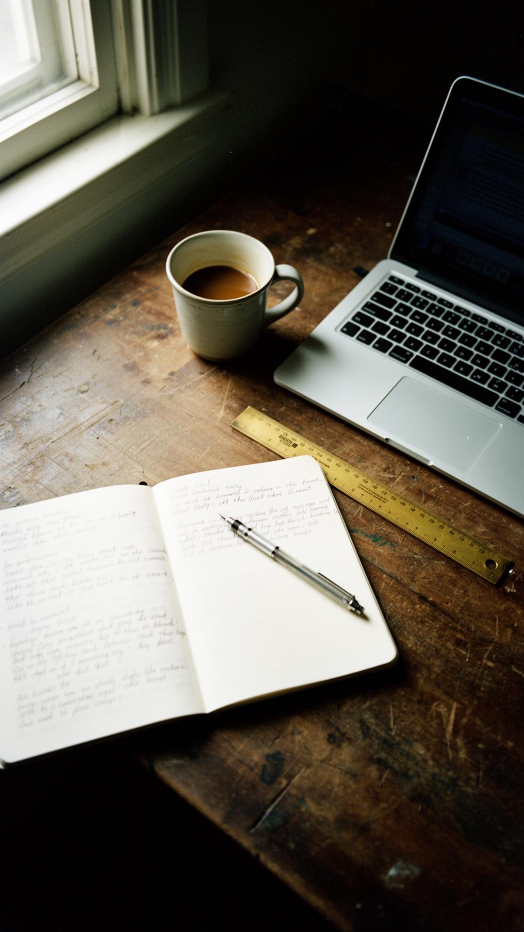 The NumeraCode studio desk — a notebook, mechanical pencil, brass ruler, and laptop in raw morning light.