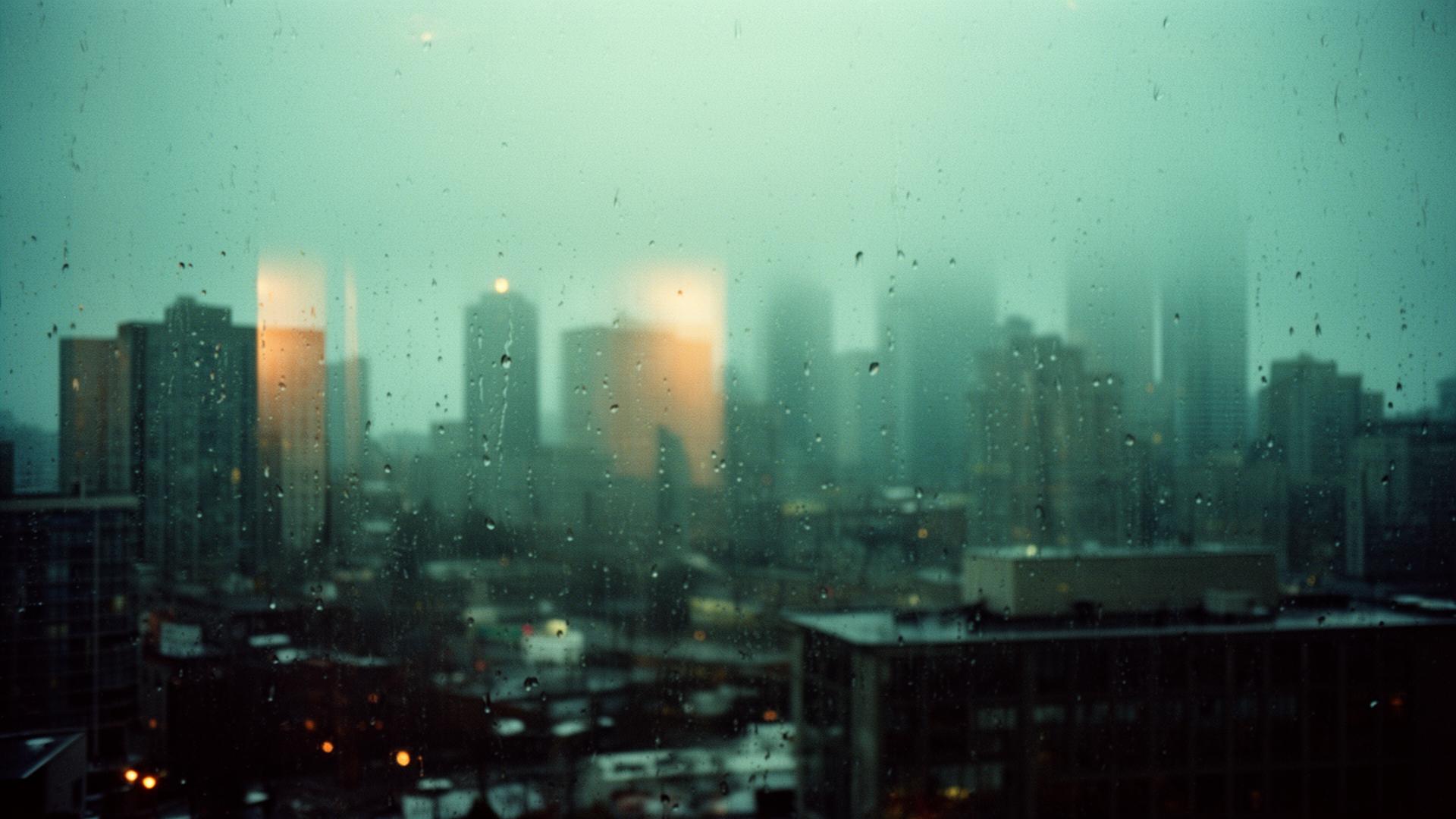 A misty Toronto skyline at dawn, photographed through a rain-streaked studio window.