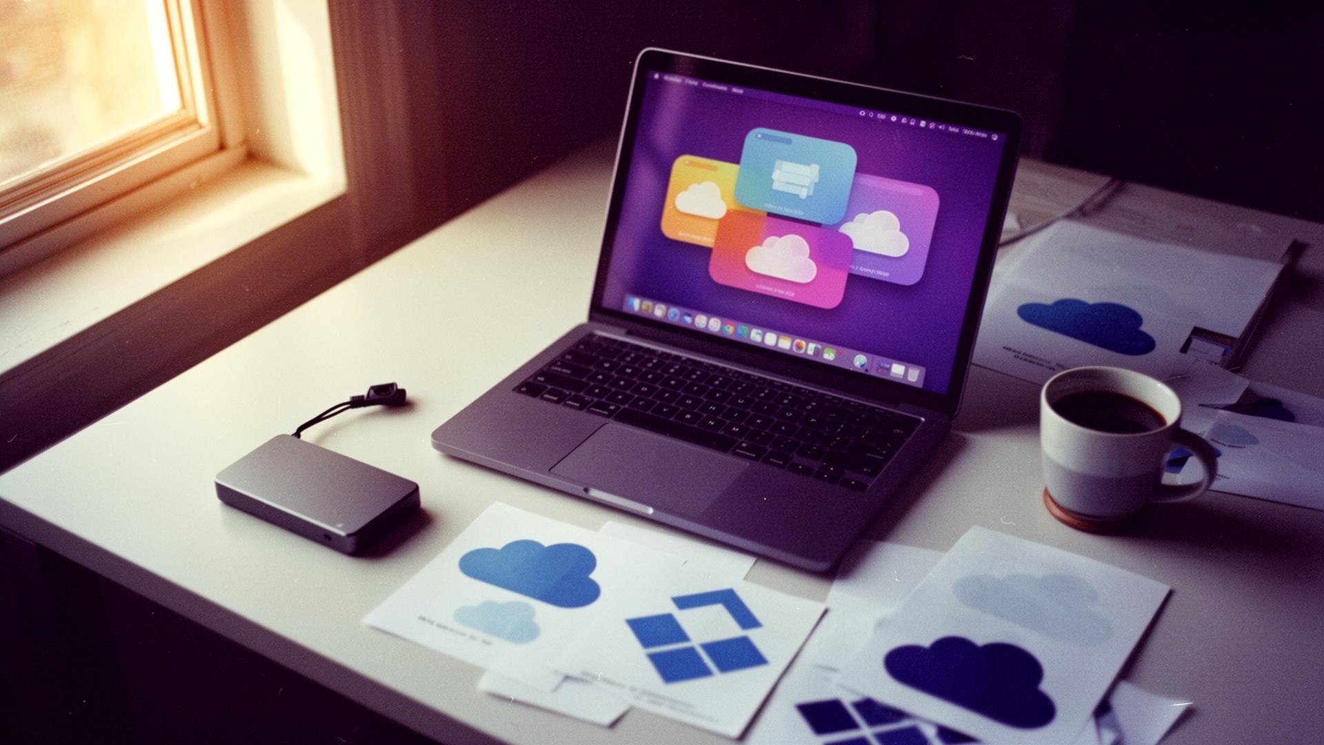Editorial photograph representing studio photography and cloud file management — hard drives, prints, and camera gear in soft daylight.