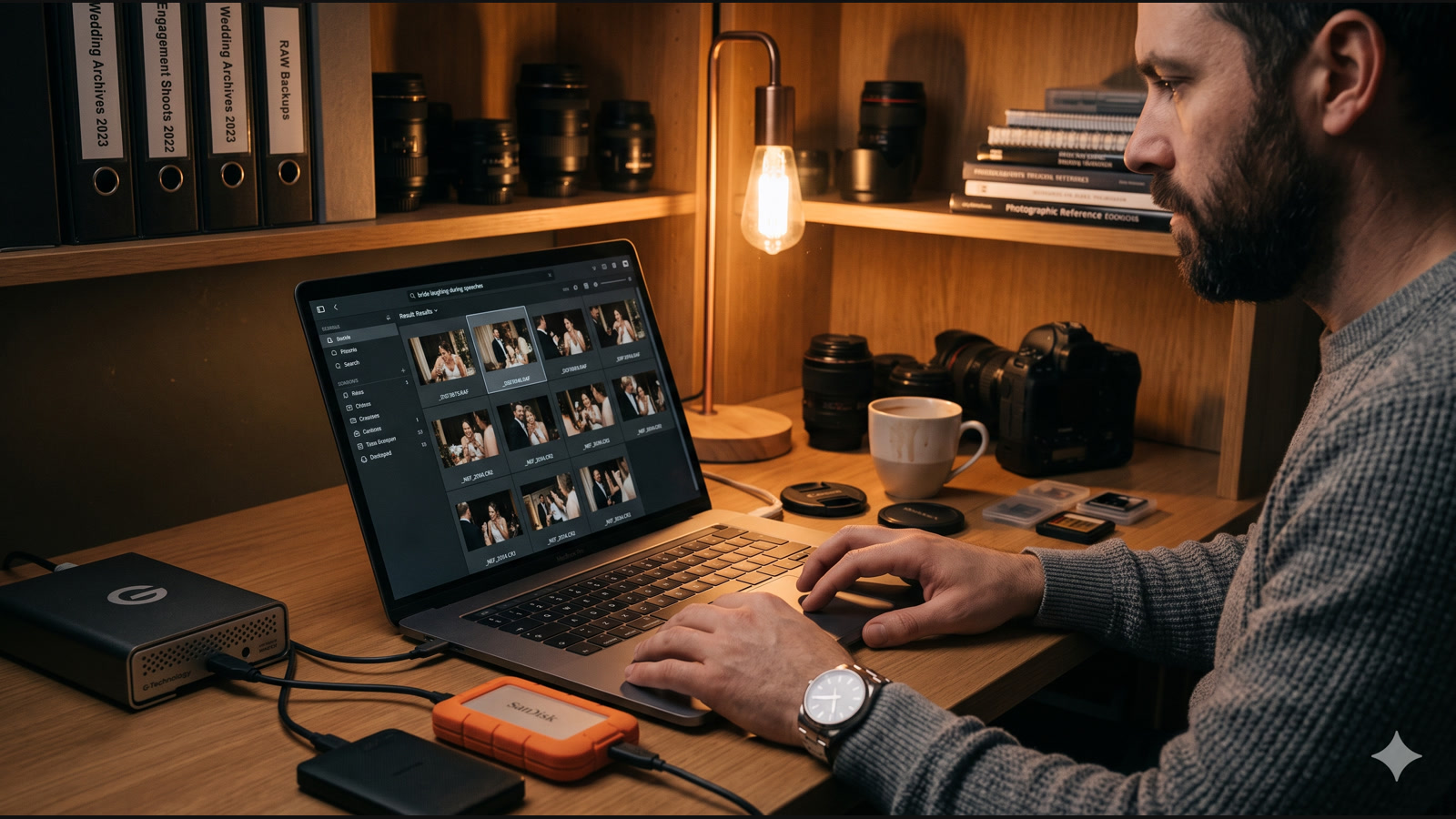 A photographer searching a fragmented RAW archive from local storage and external drives without an upload-first workflow