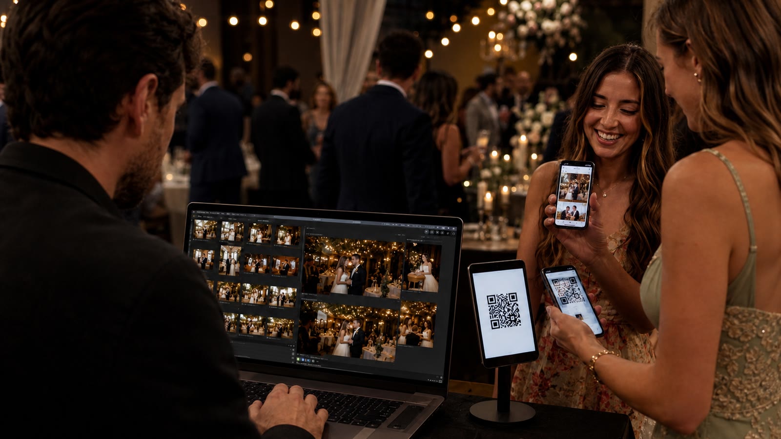 Wedding guests using a QR code for event photos while a photographer prepares the live gallery locally