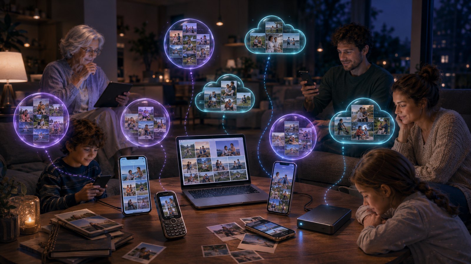 A mixed-device family photo archive spread across phones, laptops, cloud folders, and old storage devices while private libraries remain separate