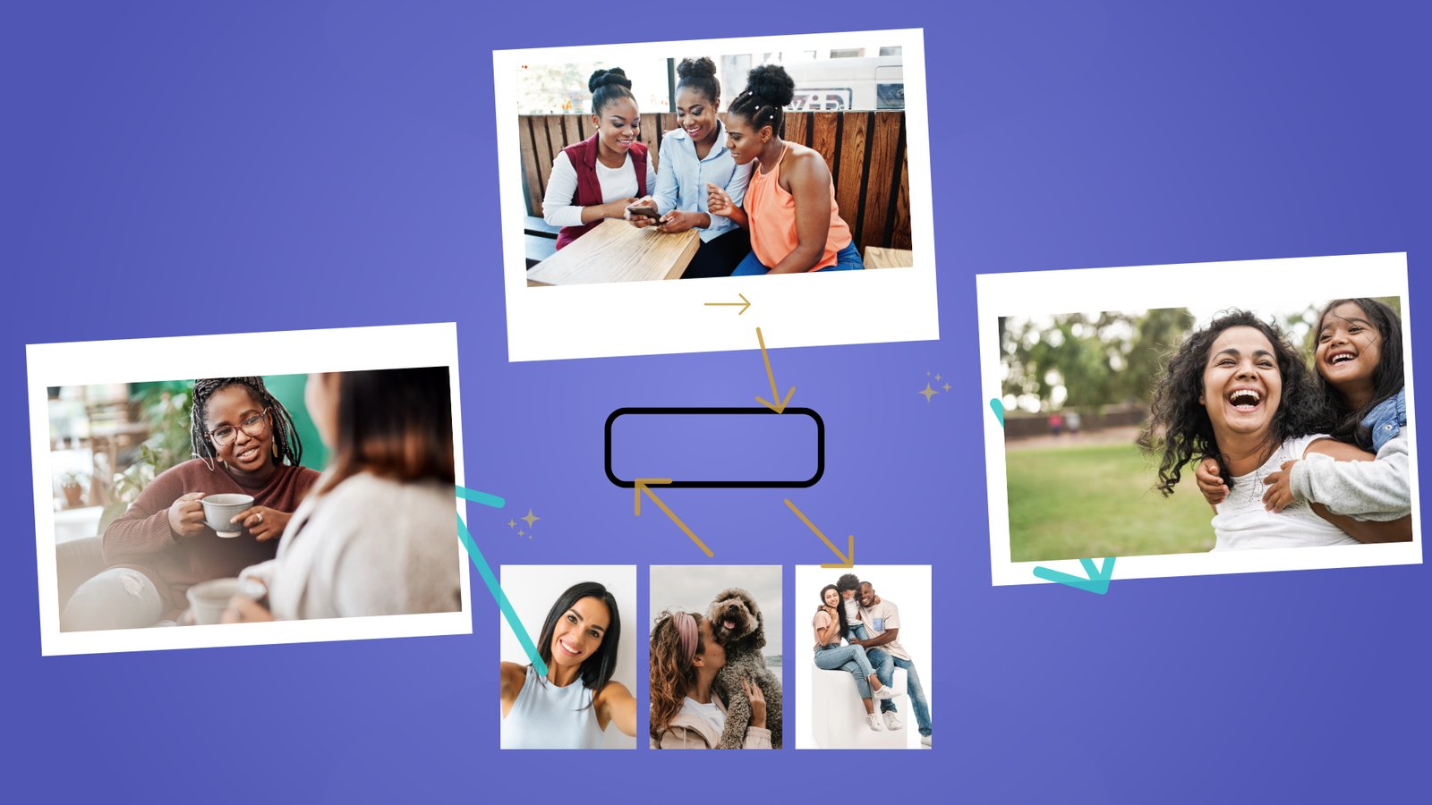 Selected family photos flowing from private phone libraries into one central shared family photo archive