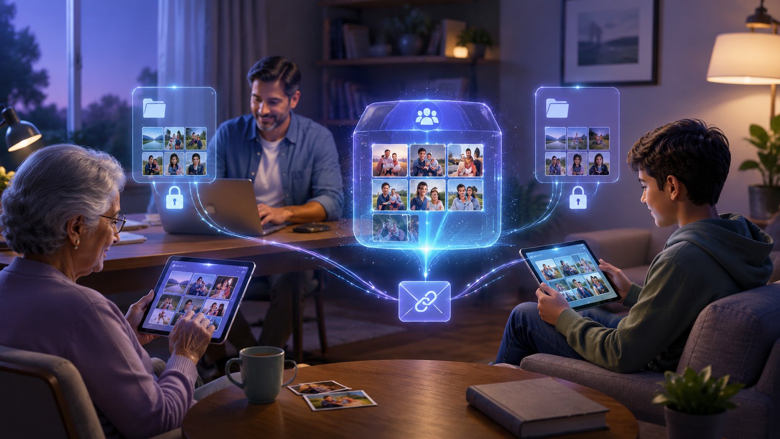 Family members browsing an invited shared photo archive while private folders stay locked and separate