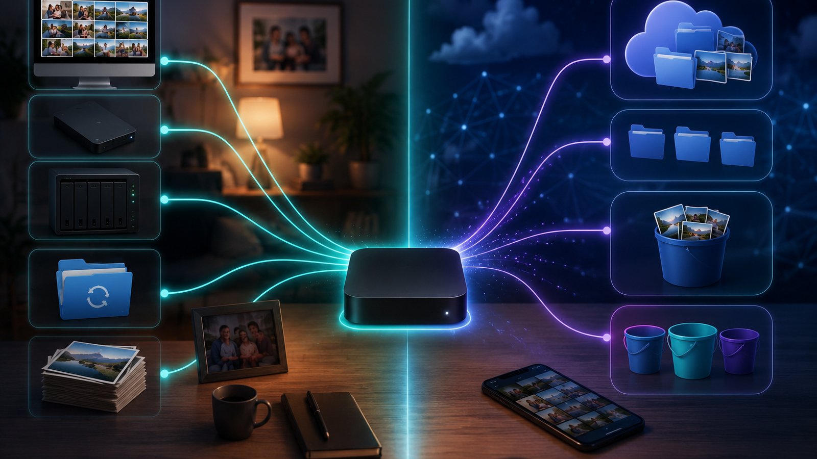 A visual split between local connector sources at home and hosted cloud storage sources connected to a family photo workspace