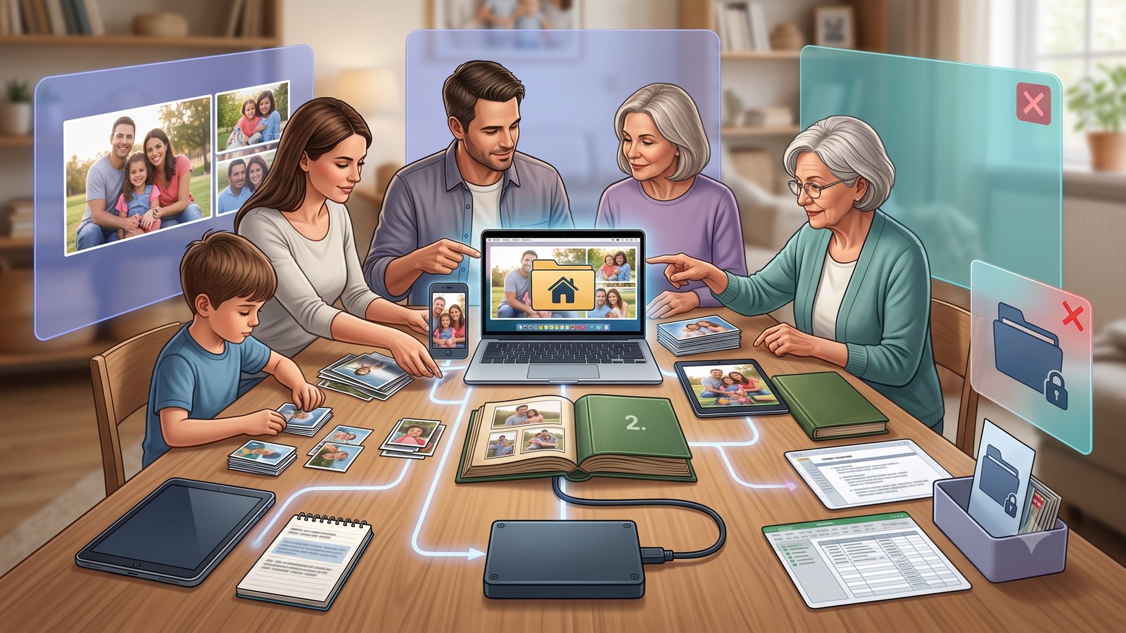 A family sorting which photos belong in a shared family archive while private albums and personal files remain outside the shared path
