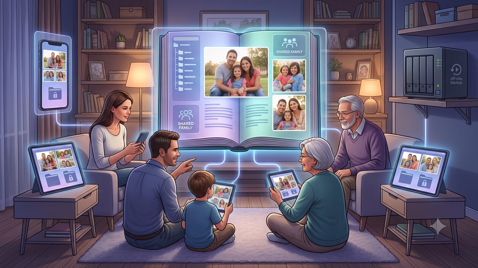 A calm organized family photo archive surrounded by private personal libraries and a separate backup copy