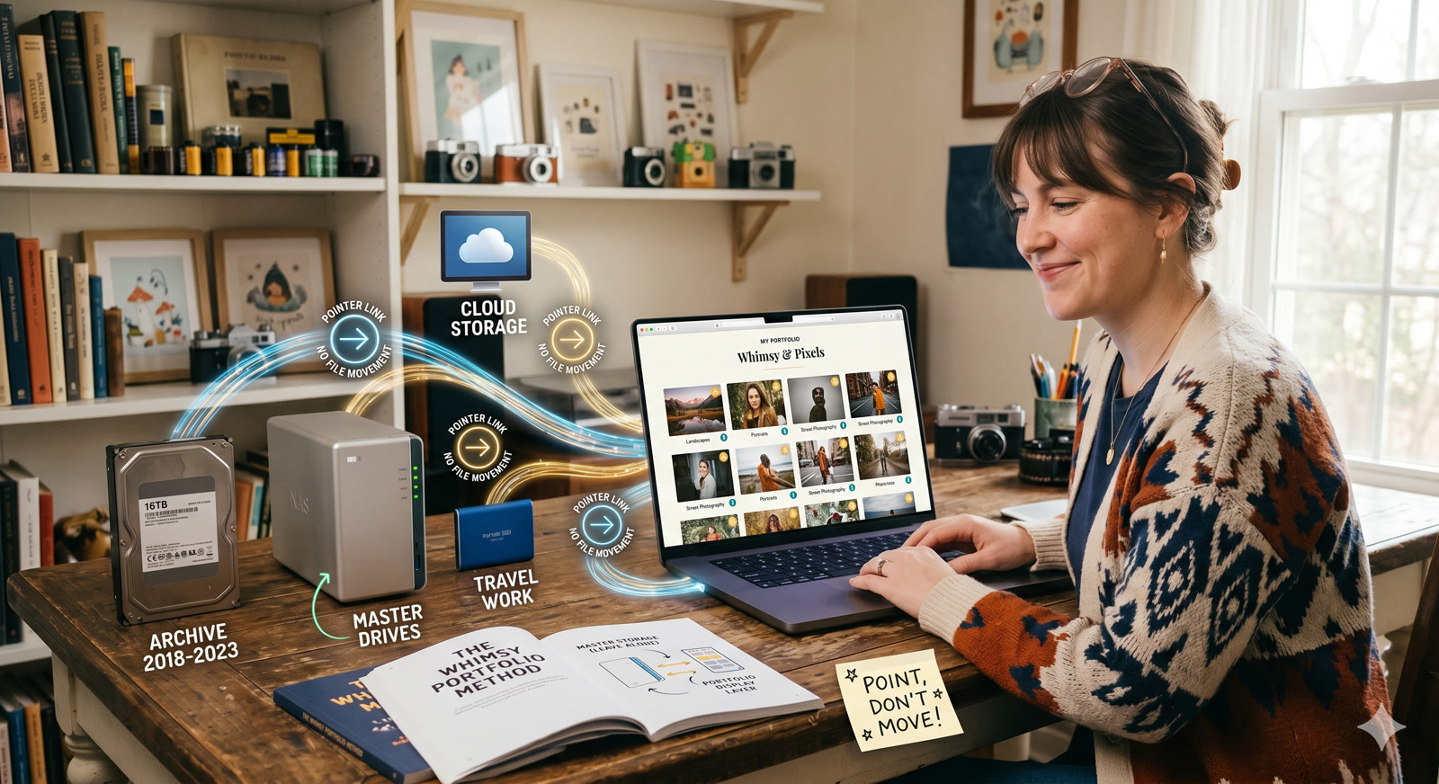 A photographer working at a desk while one portfolio points to cloud folders and archive drives without moving files