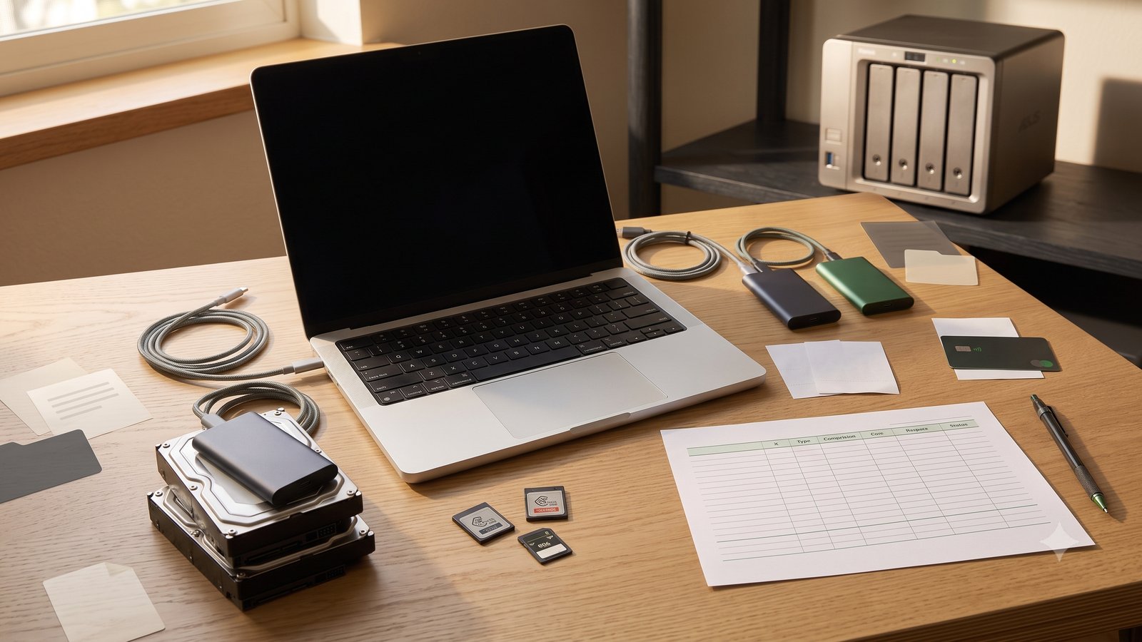 A laptop, external drives, and a NAS representing separate working and backup copies