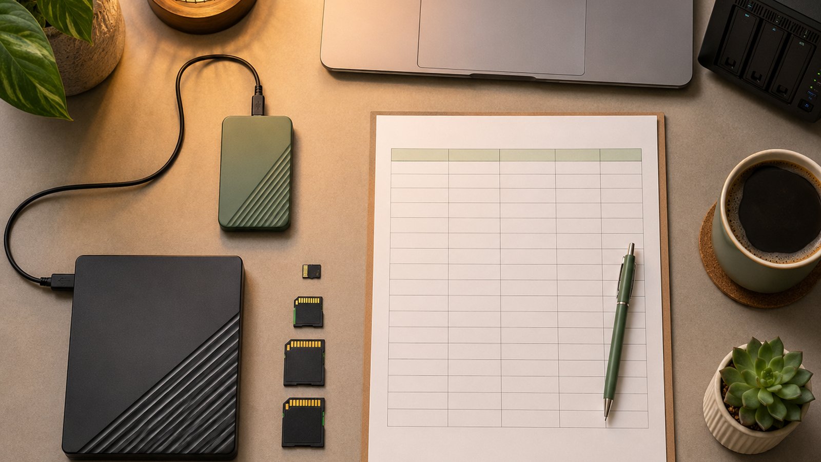 External drives, memory cards, a laptop, and a blank worksheet arranged for a storage inventory