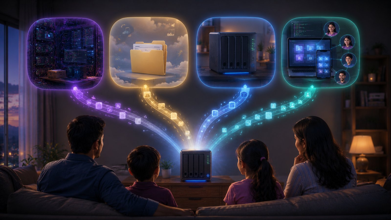 A family choosing between several visual paths for self-hosted storage, including a server maze, shared folder, NAS, and simple connector path