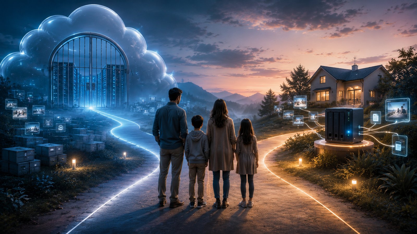A family standing at a crossroads between a corporate cloud gate and a private home server path