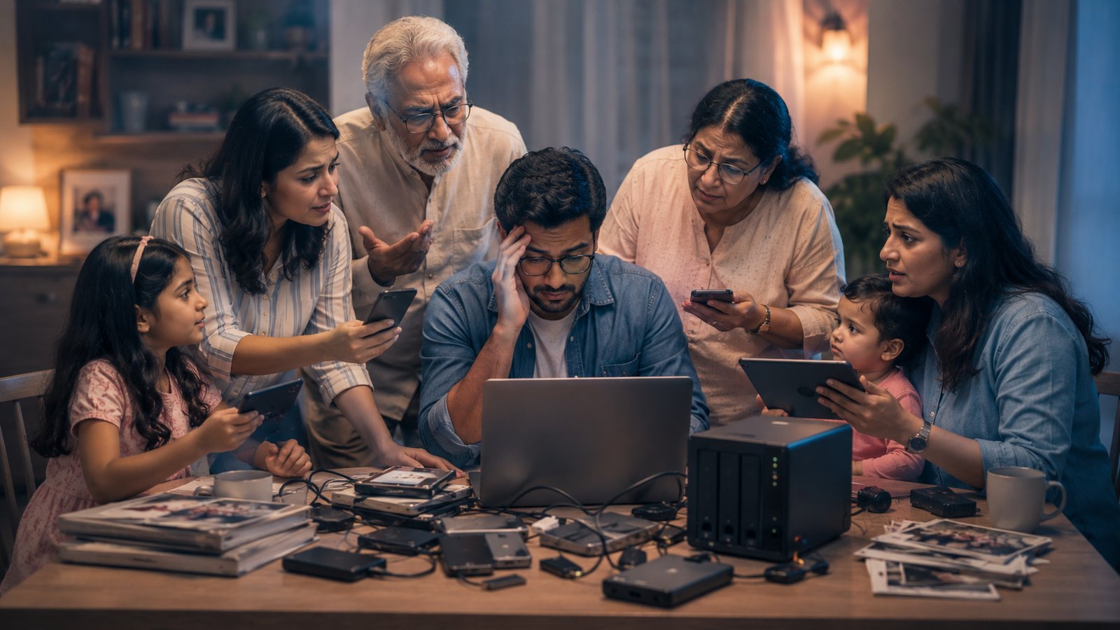 One family member acting as IT support while relatives gather around phones, laptops, drives, and a home NAS