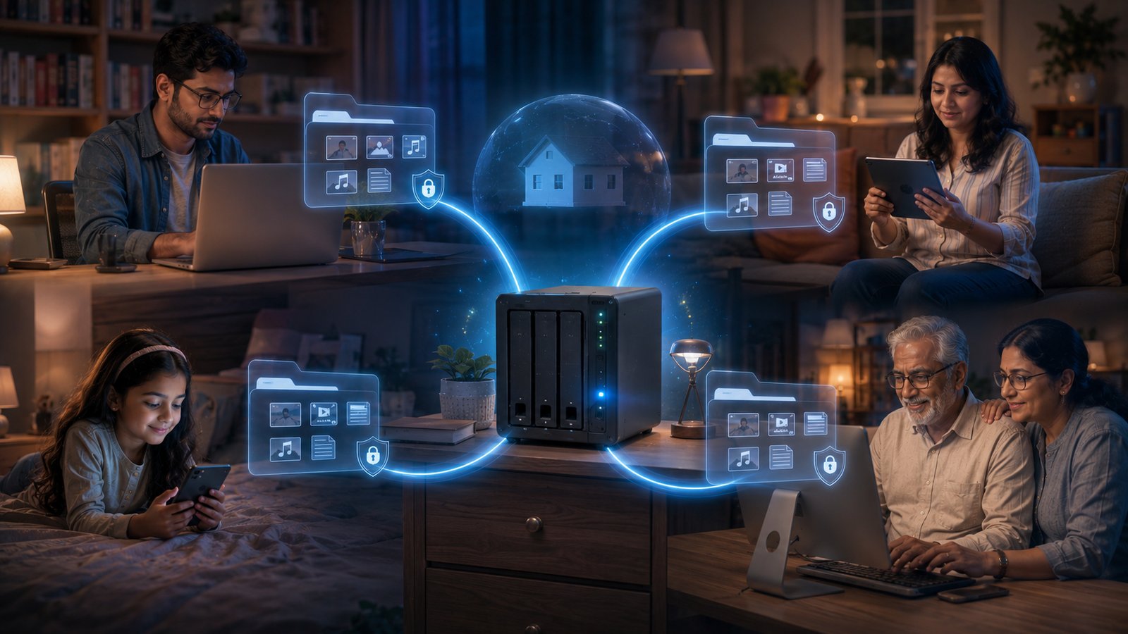 A private home cloud connecting a family NAS to individual phones, tablets, and laptops with separate secure file spaces