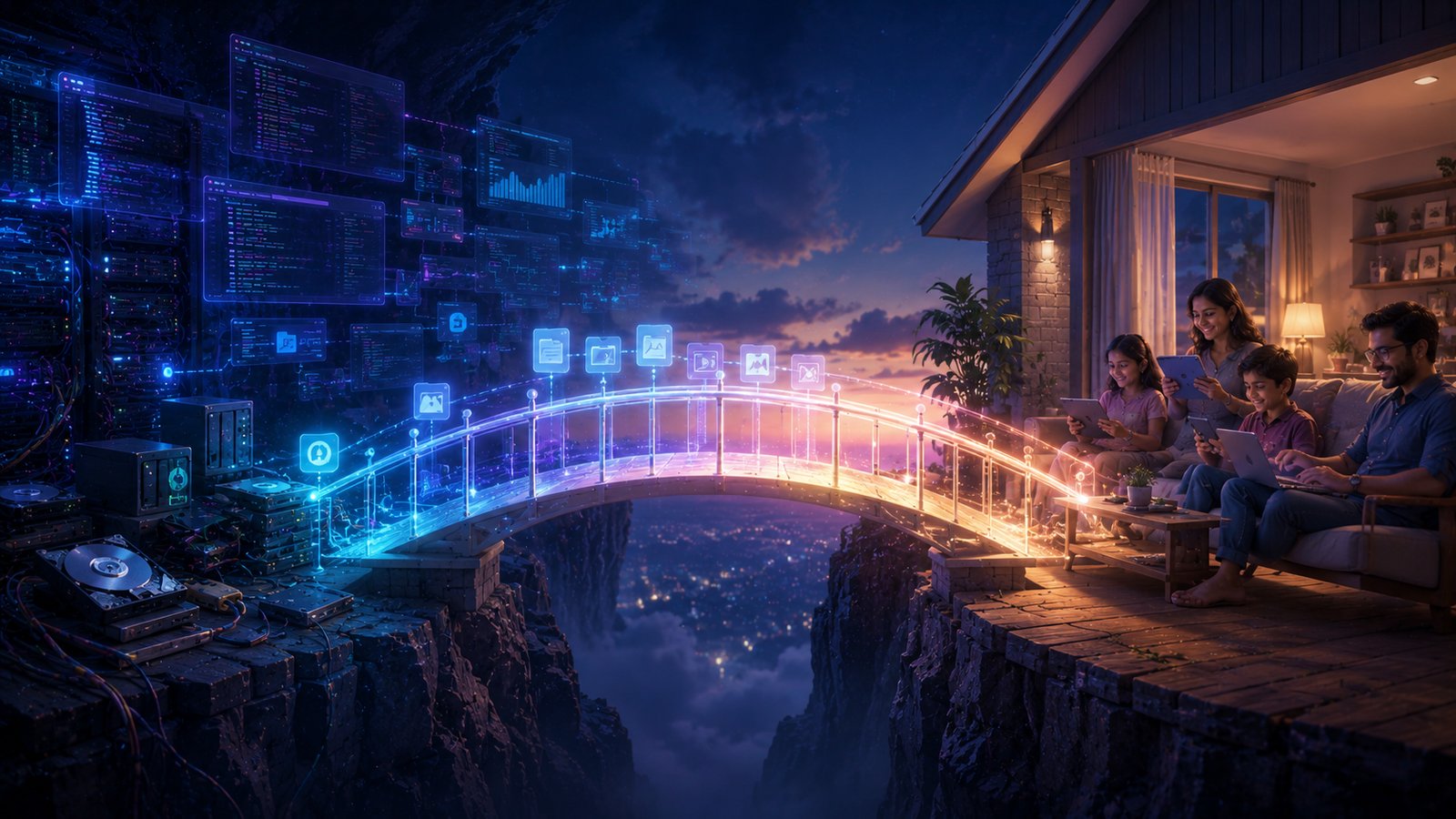 A glowing bridge connecting complex backend storage systems to a calm family using simple cloud access from home