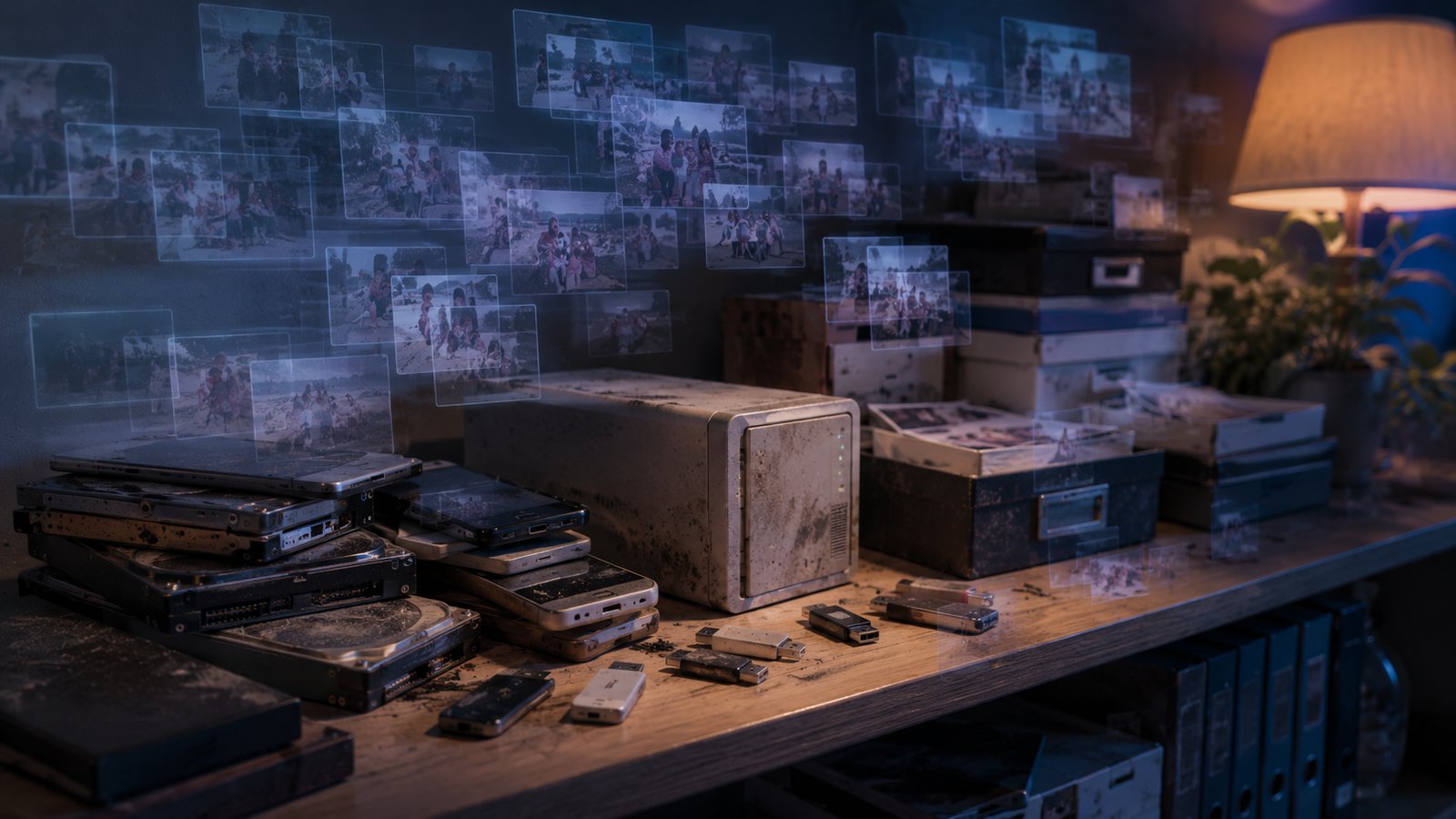 Old hard drives, phones, storage boxes, and duplicate family photos filling a dim home office archive