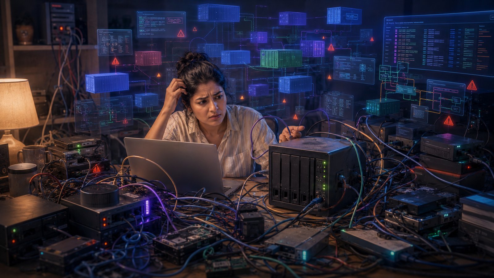 A tired home user surrounded by server cables, configuration screens, warning lights, and a home NAS setup maze