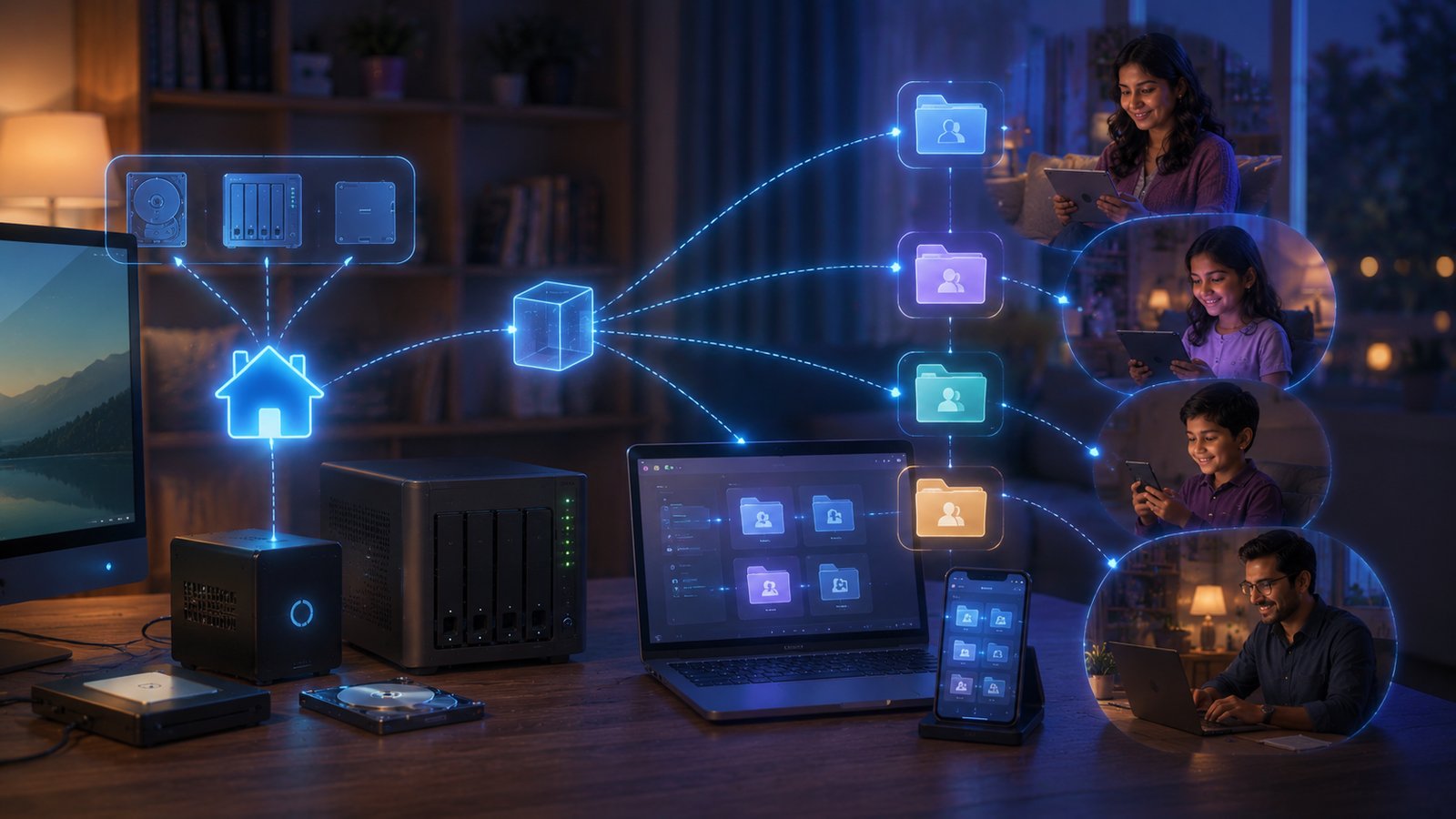A lightweight home connector linking local storage, a NAS, laptops, phones, and private family cloud spaces