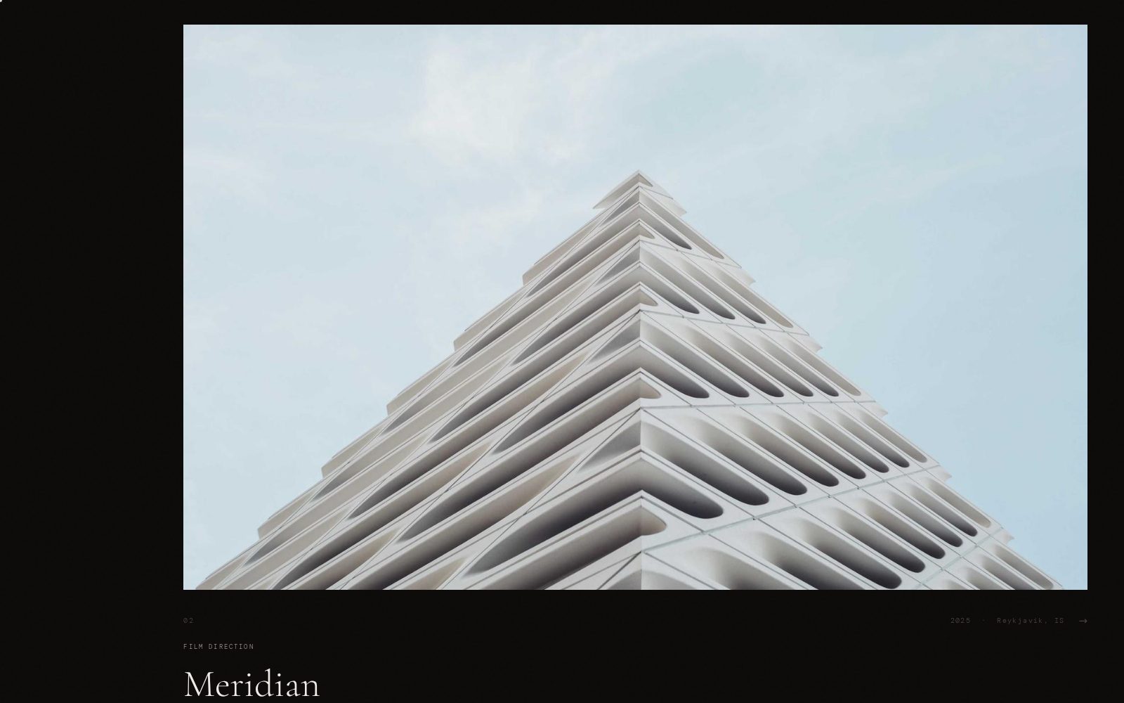 An editorial portfolio page titled 'Meridian' with a large architectural photograph