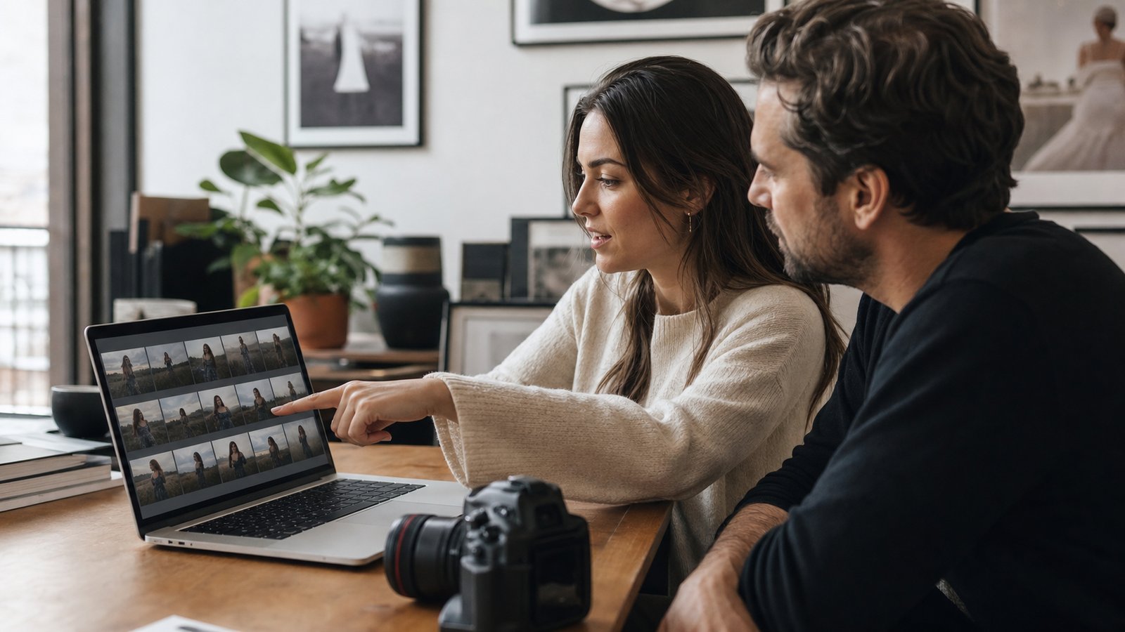 A photographer and client choosing final photographs together in an online client proofing gallery
