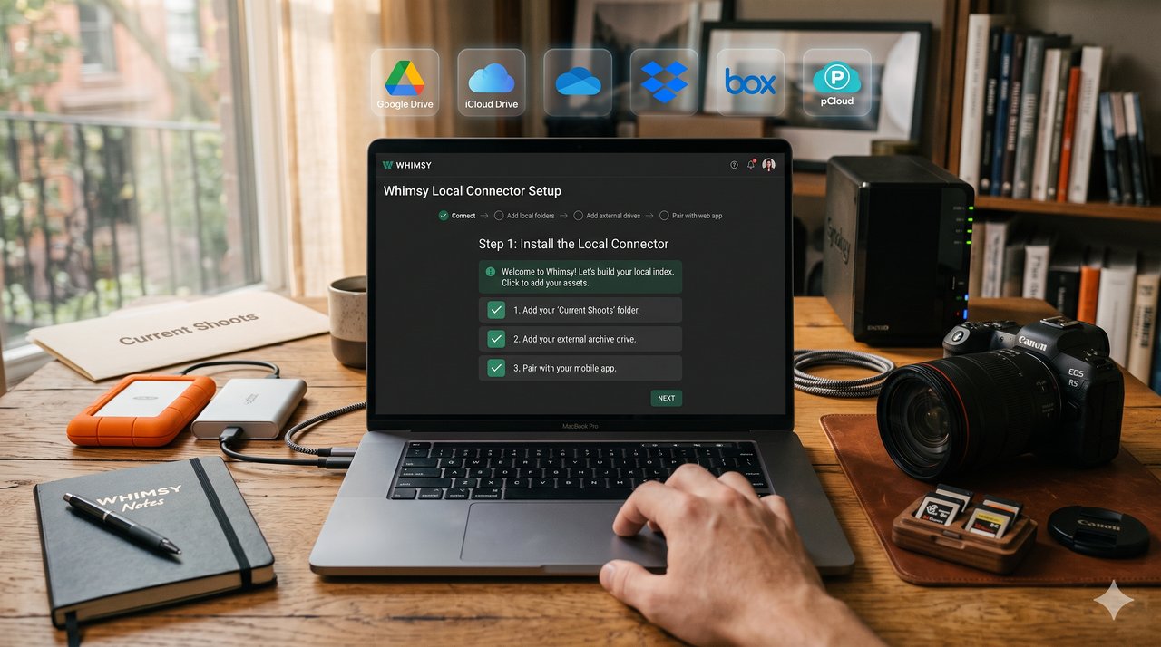Whimsy local connector setup screen: install the connector and add your current shoots folder, external drives, and synced cloud folders