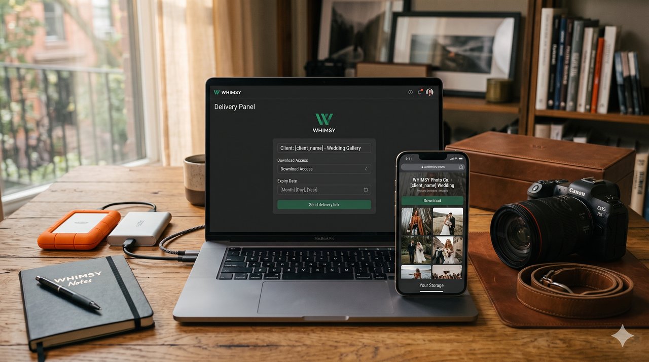 Whimsy delivery panel sending a branded client gallery link with download access and an expiry date