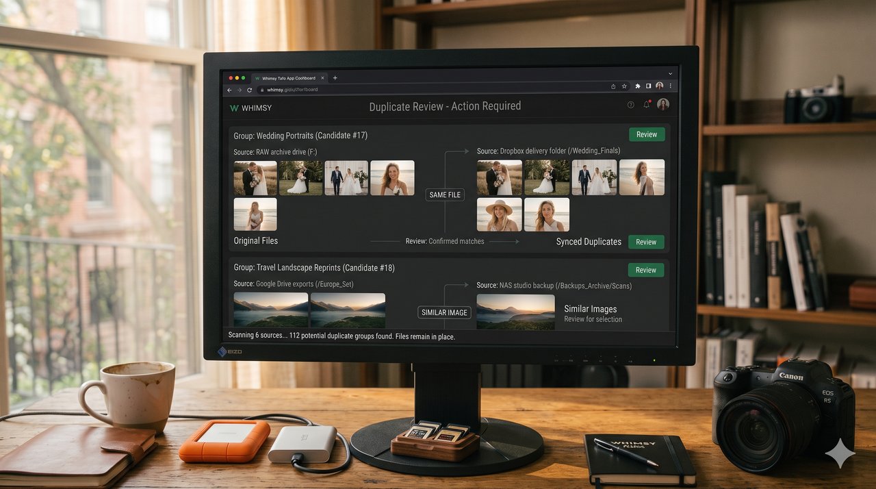 Whimsy duplicate review screen grouping repeated RAW files and copied delivery folders across sources