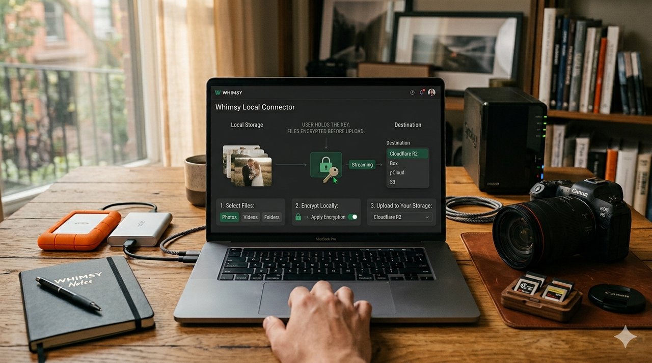Whimsy connector encrypting files locally before uploading them to your own Cloudflare R2, Box, or pCloud storage