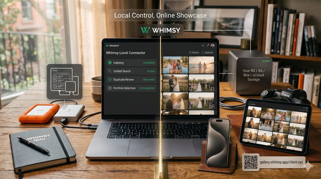 Whimsy across laptop and phone: local control on your machine, an online showcase served from your own R2, S3, Box, or pCloud storage