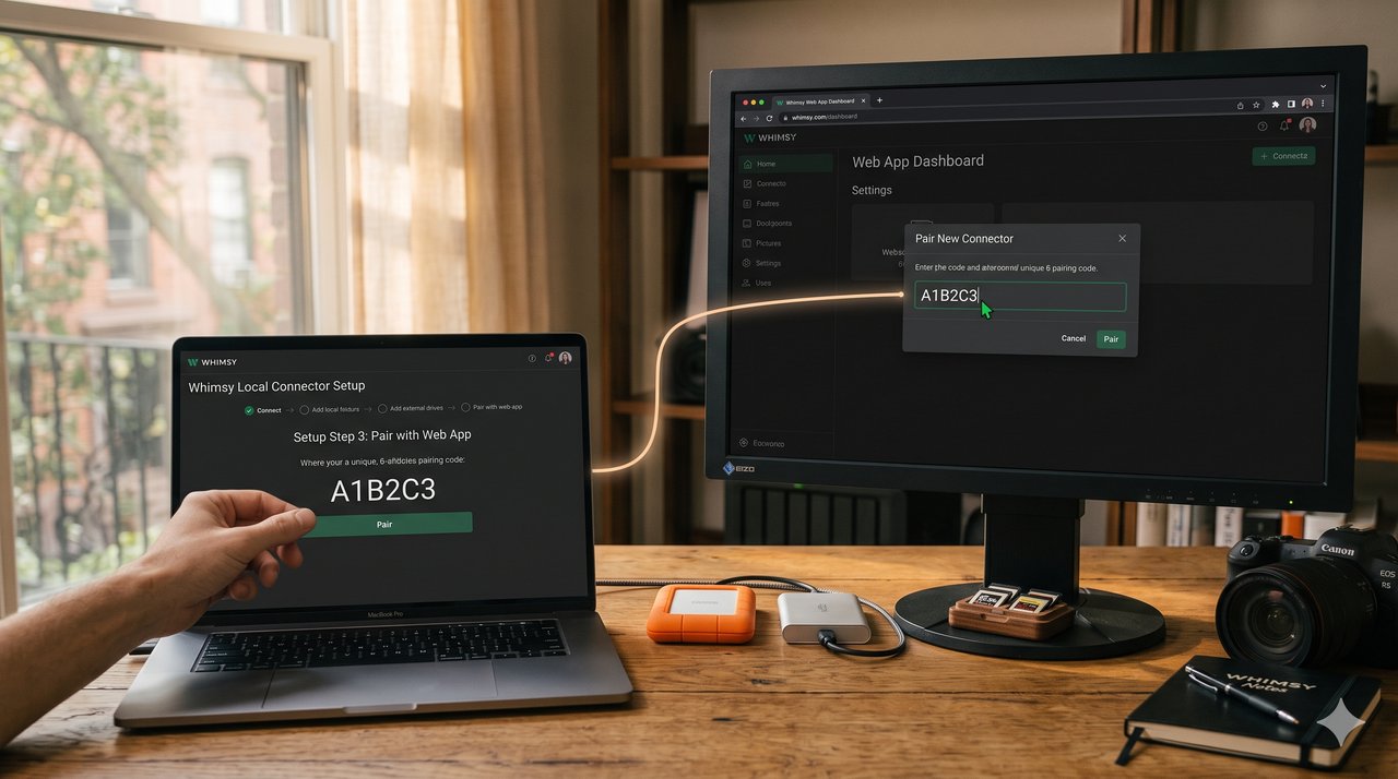 Pairing the Whimsy local connector with the web app using a one-time pairing code