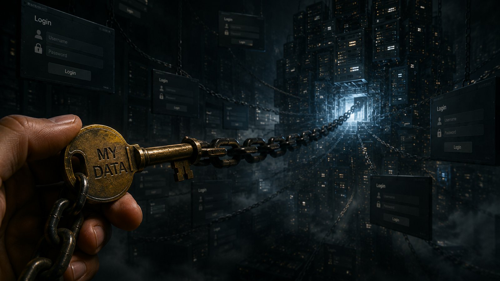 A hand holds a brass key labelled MY DATA as cloud login windows recede into the distance — your cloud credentials stay in your hand, on your own machine
