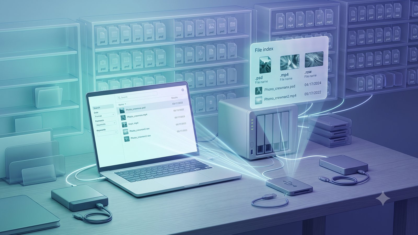 A laptop scanning an external hard drive while a searchable file index forms above archived disks