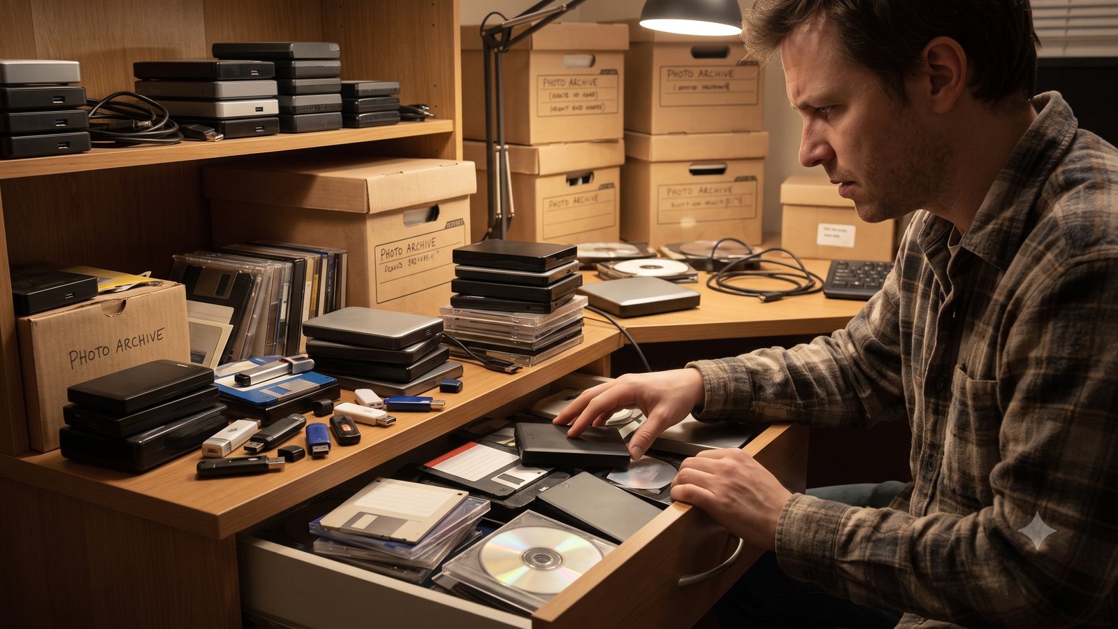 A person searching through shelves, boxes, old disks, USB sticks, and external drives in an archive room