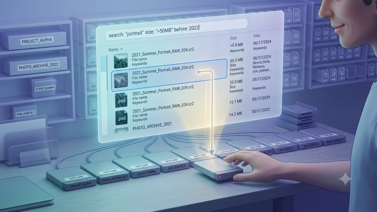 A clean searchable catalog helping a user identify which archived external drive contains a file