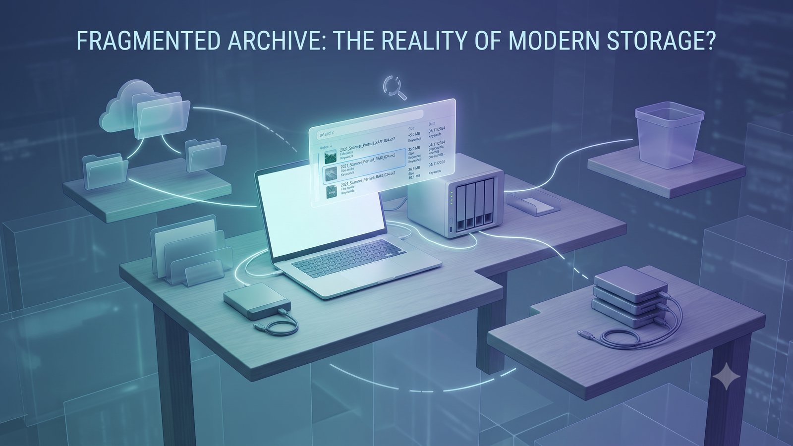 A fragmented modern file archive spread across drives, laptop storage, NAS, cloud folders, and object storage