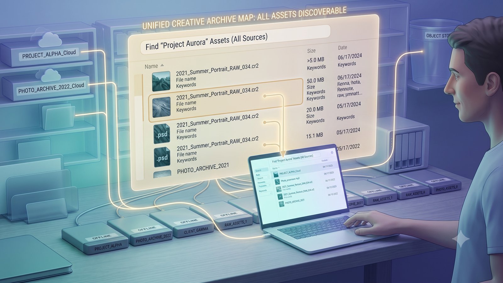 A unified search layer connecting external drives, NAS, cloud folders, object storage, and a laptop workspace