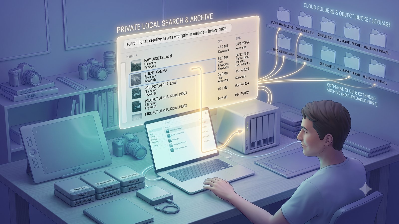 A local-first studio workspace where search begins from a local computer and NAS before extending to cloud storage