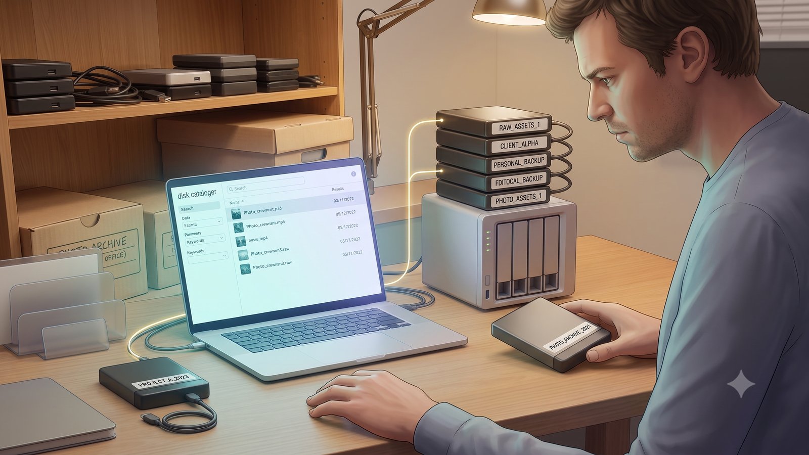 A simple cold-storage workflow with a few external drives and a basic searchable catalog on a laptop