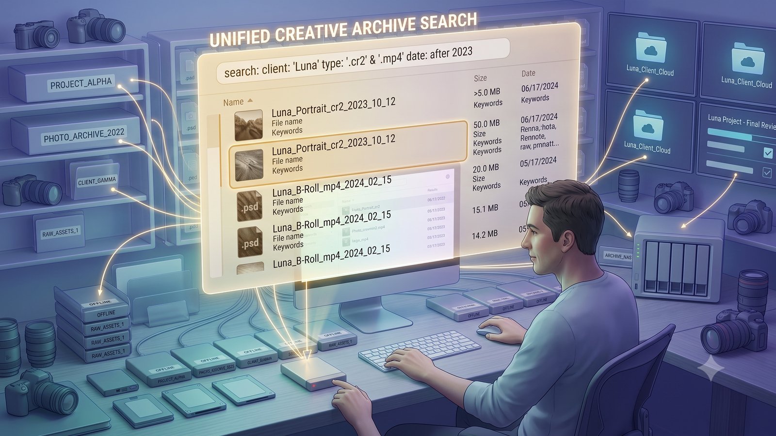 A photographer or video editor searching across external drives, NAS, cloud folders, and delivery workflows from one workspace