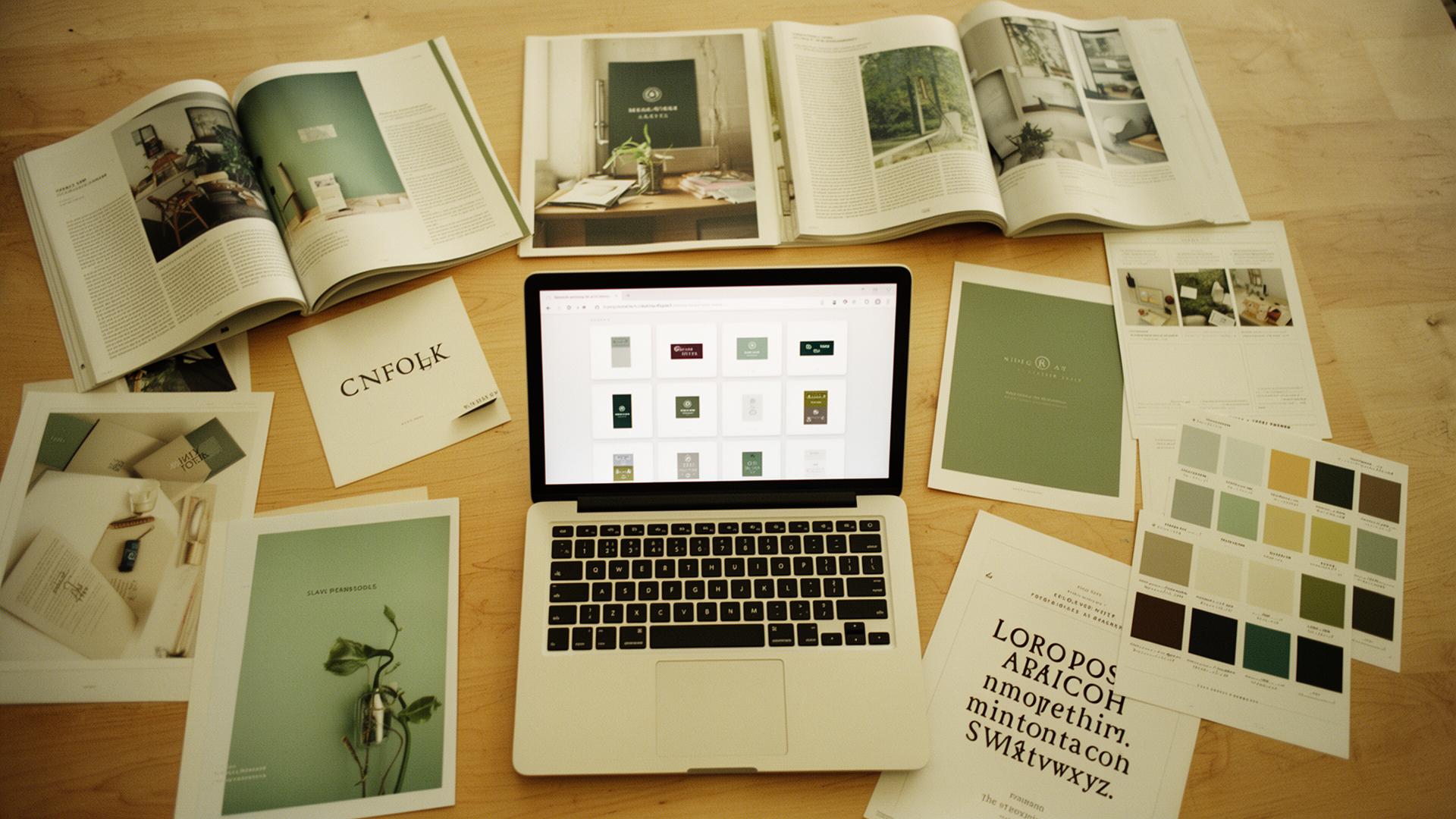 A creative team's table covered in printed brand assets, photo prints, and a laptop showing an organised asset library — Whimsy as the DAM layer on top of existing storage