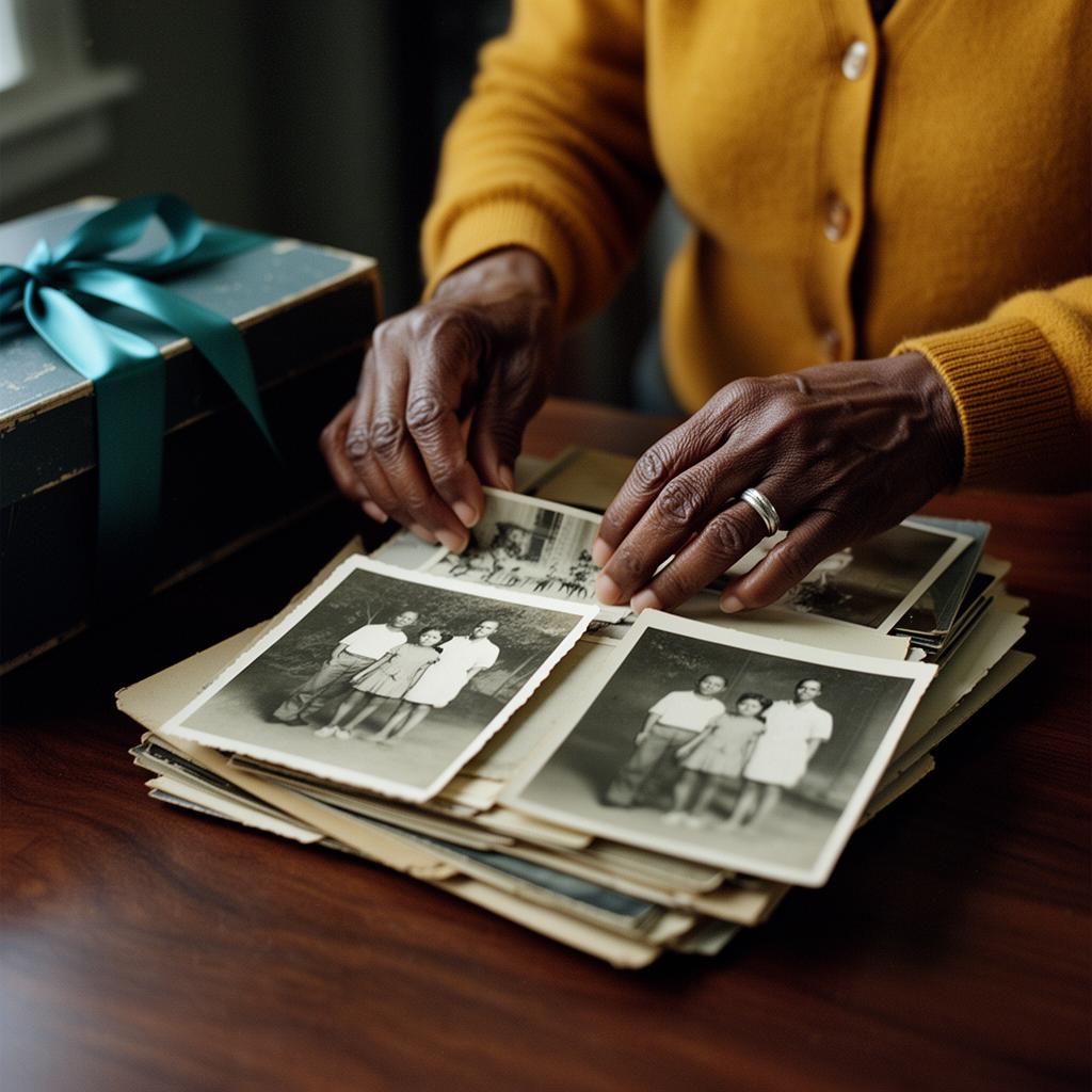 Two pairs of hands sorting through a stack of vintage family photos on a wooden table — duplicates found across everyone's storage
