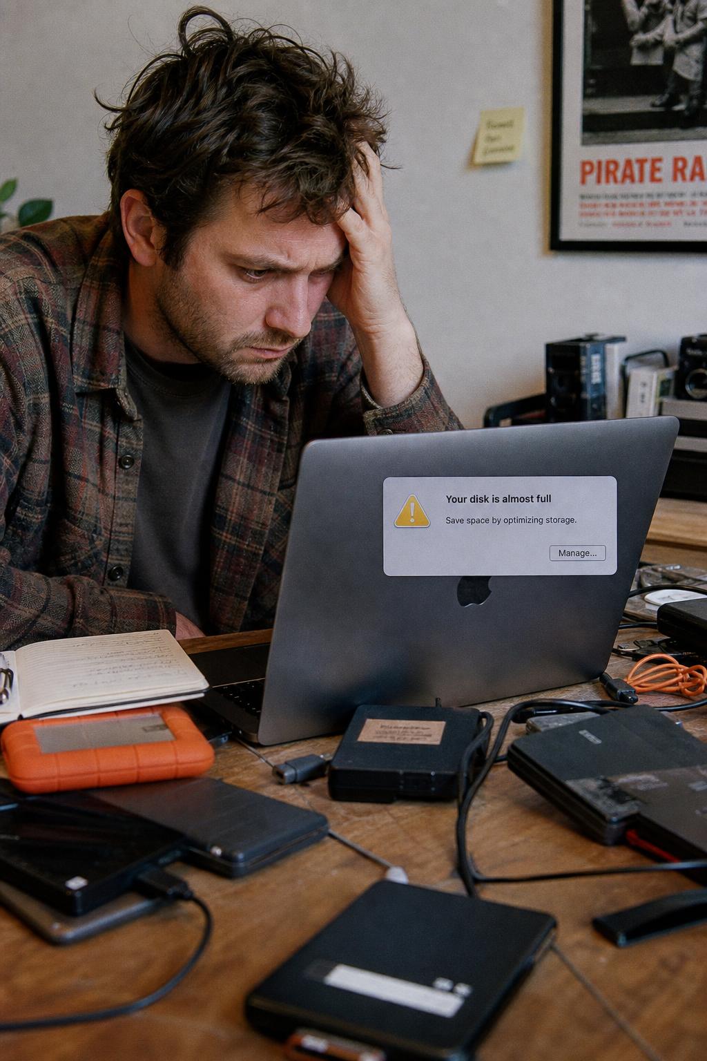 An overhead view of a desk being cleared — one side cluttered with prints and drives, the other side completely empty — files turned into on-demand placeholders