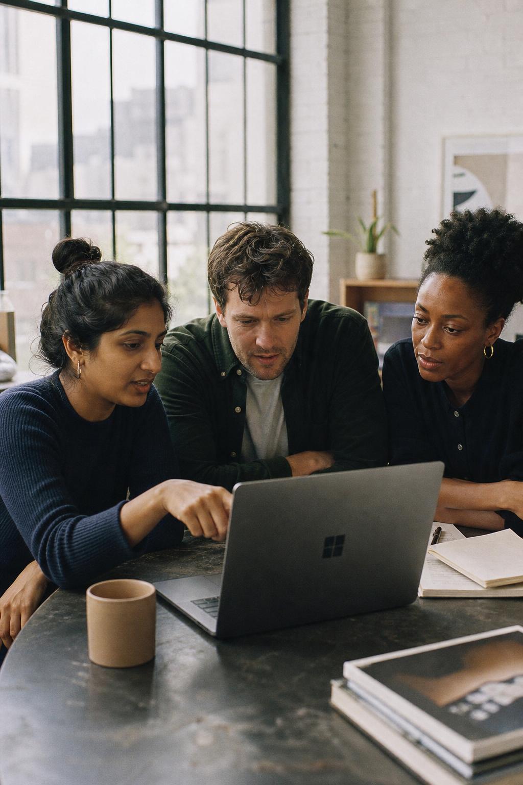 Three people standing around a shared walnut studio worktable, each holding a small leather folio of prints — one shared library, everyone keeps their own accounts