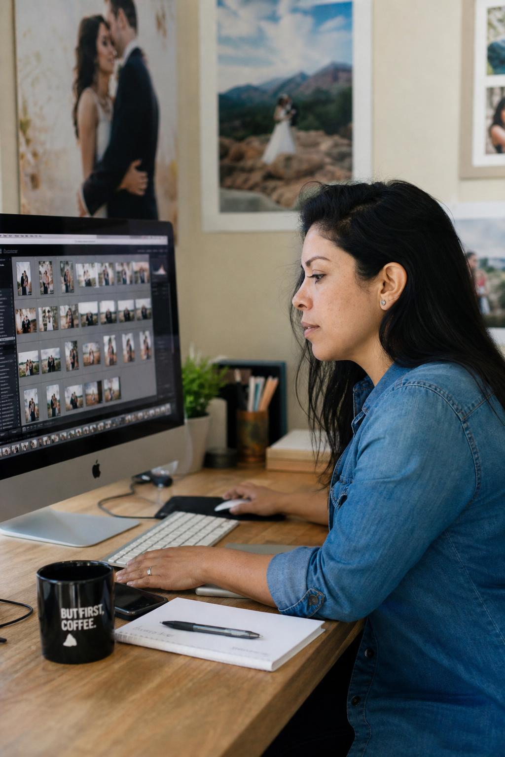 A photographer at a walnut studio workbench reviewing a column of stage cards pinned to a deep teal cork board — every shoot, run end-to-end