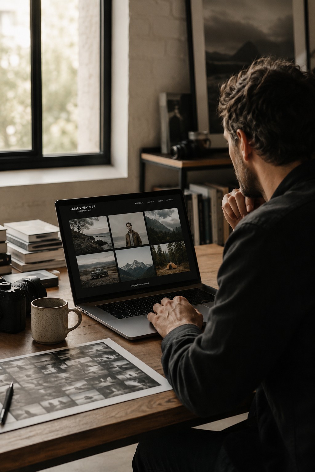 A photographer sits at a studio desk with a half-empty coffee — on screen, a branded portfolio pulls directly from a Dropbox folder. No upload queue, no re-exporting. The source folder IS the portfolio.